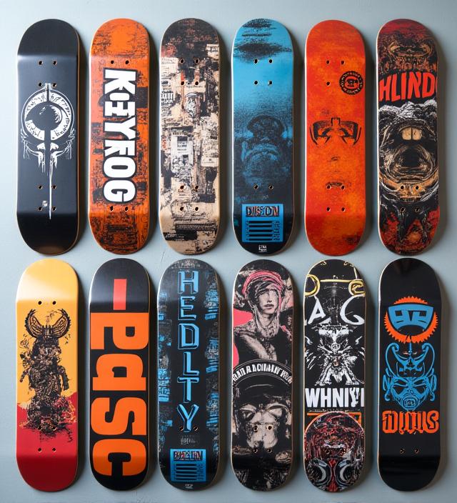 Eine Collage aus verschiedenen individuell bedruckten Skateboard-Decks.