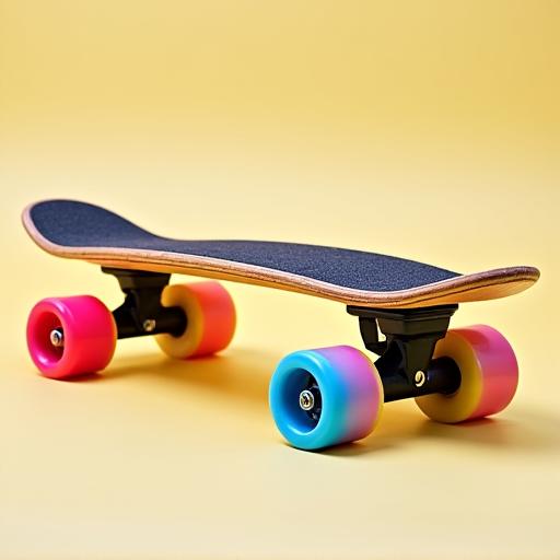 Ein kurzer, breiter Cruiser mit bunten Rollen.