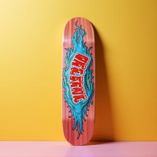 Ein professionell fotografiertes Skateboard-Deck mit grafischem Design.