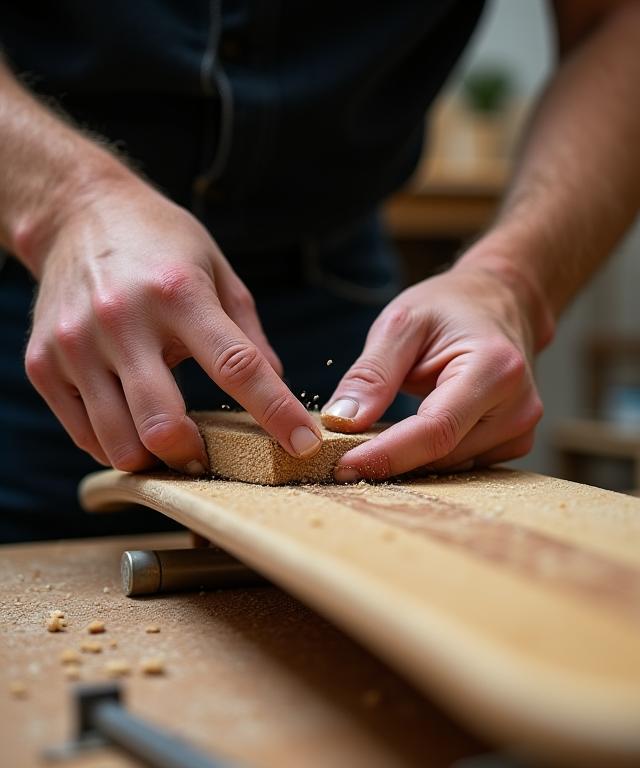 Nahaufnahme eines Handwerkers, der ein Skateboard-Deck in der Werkstatt schleift.